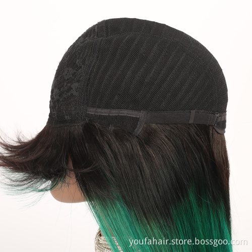 Chinese Vendor Raw Human Hair Glueless None Lace Bangs Wig Ombre 1B Green Virgin Hair Full Machine Made Wigs for Black Women